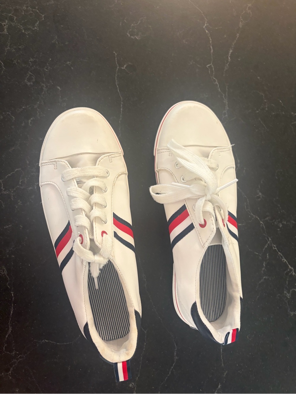 White Low-Top Sneakers with Red & Navy Stripe Detail